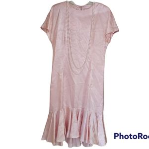 Vintage New Raves Floral Satin Prom Dress Pearl Beads Ruffle Hem Flutter Sleeves